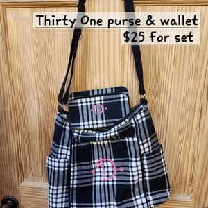 thirty-one Black and White Plaid Purse and Wallet Set